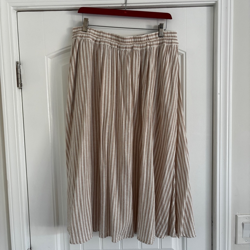 a new day Natural Beige Striped Linen Maxi Skirt size L with Pockets!